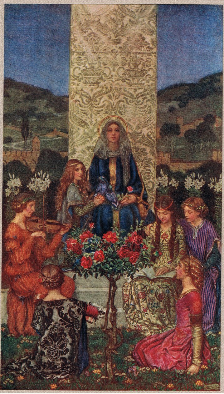 Our Lady Sings Magnificat》，插图选自《The Book of Old English Songs and Ballads》，由 Stodder and Houghton 出版，约 1910 年（彩色石版印刷）。 作者 埃莉诺 Fortescue-Brickdale