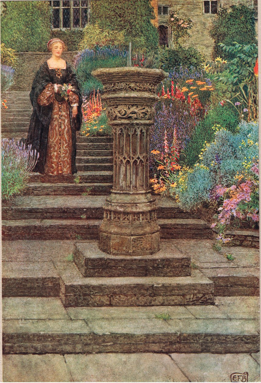 《花园里的女人》，插图取自斯托德和霍顿出版的《古英语歌谣集》，c.1910（彩色平版印刷） 作者 埃莉诺 Fortescue-Brickdale