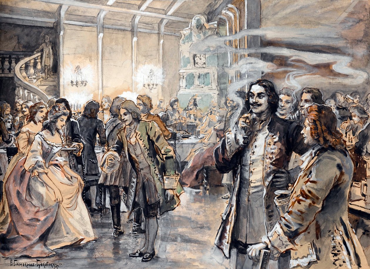 彼得大帝（Pierre le grand）宫廷的复活节庆祝活动 - Peinture de Elena Petrovna Samokish Sudkovskaya (Samokish-Sudkovskaya)(1863-1924) - 纸板上的水彩、水粉画，25.38x35 - 私人收藏 作者 Elena Petrovna Samokish Sudkovskaya