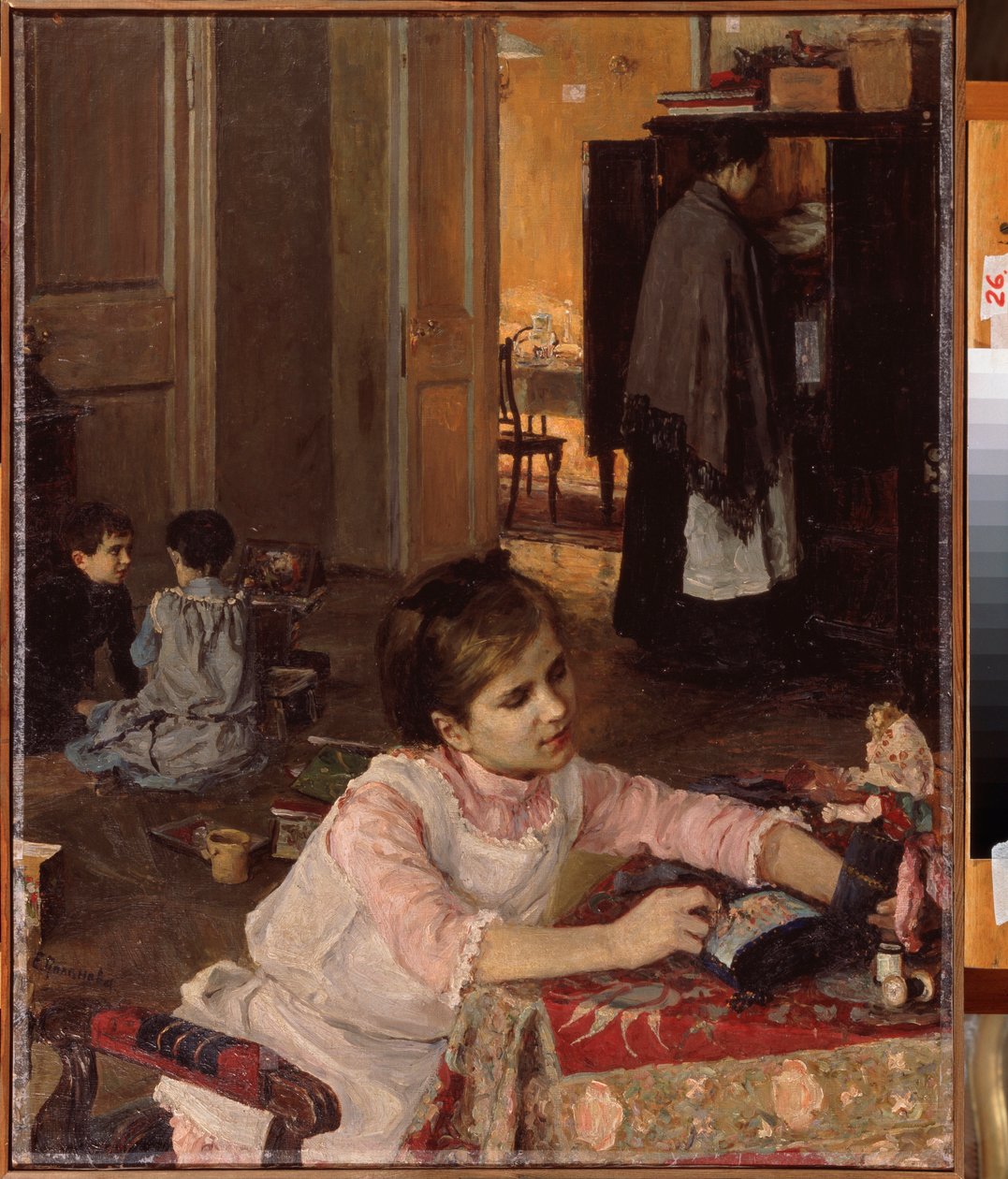 儿童房（孩子们在玩玩具，女仆在衣柜里放衣物） - 儿童房 - Elena Dmitryevna Polenova（1850-1898 年）的油画作品，布面油画 作者 埃琳娜·波列诺娃（Elena Polenova）