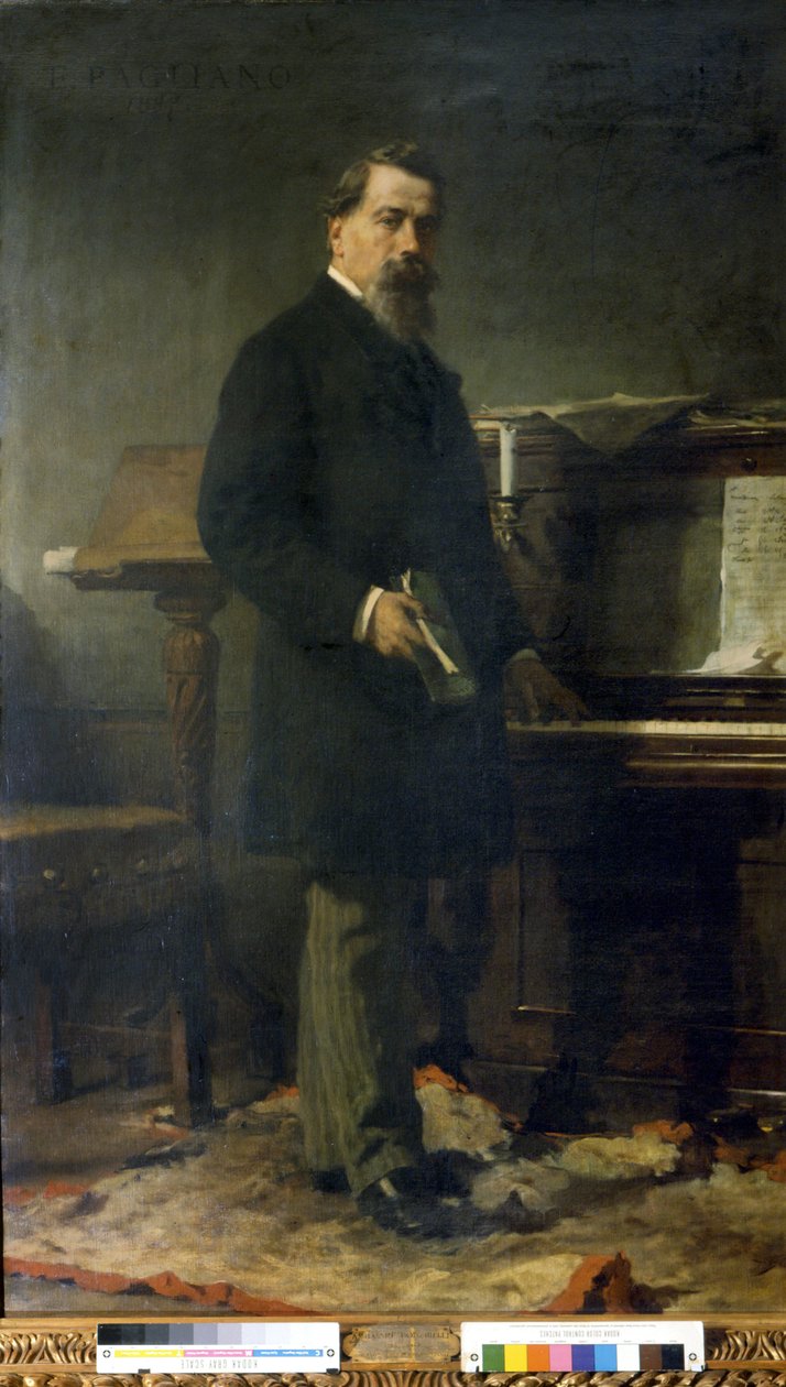 Amilcare Ponchielli (1834 - 1886)。 意大利作曲家。 Eleuterio Pagliano 的绘画。 作者 Eleuterio Pagliano
