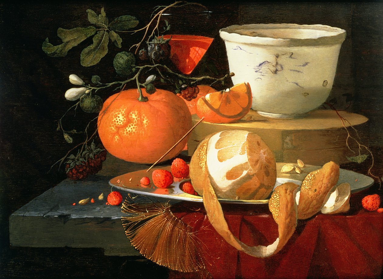 桔子，柠檬和草莓的静物画在奖杯板材，后边一个wan-li碗 作者 埃利亚斯·范登布罗克