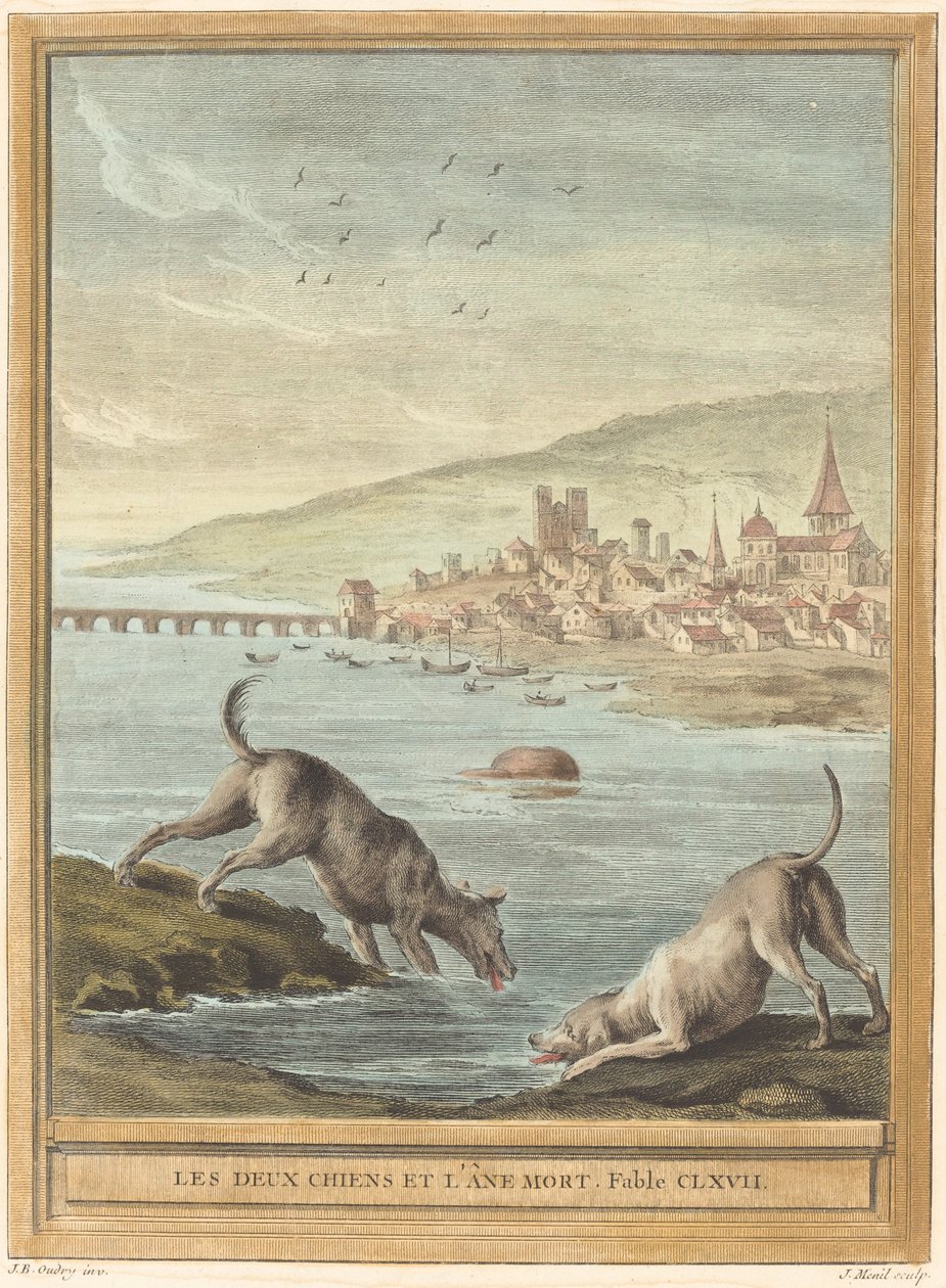 两只狗和一头死驴 作者 让·巴蒂斯特·乌德里 (Jean Baptiste Oudry) 之后的 Elie du Mesnil