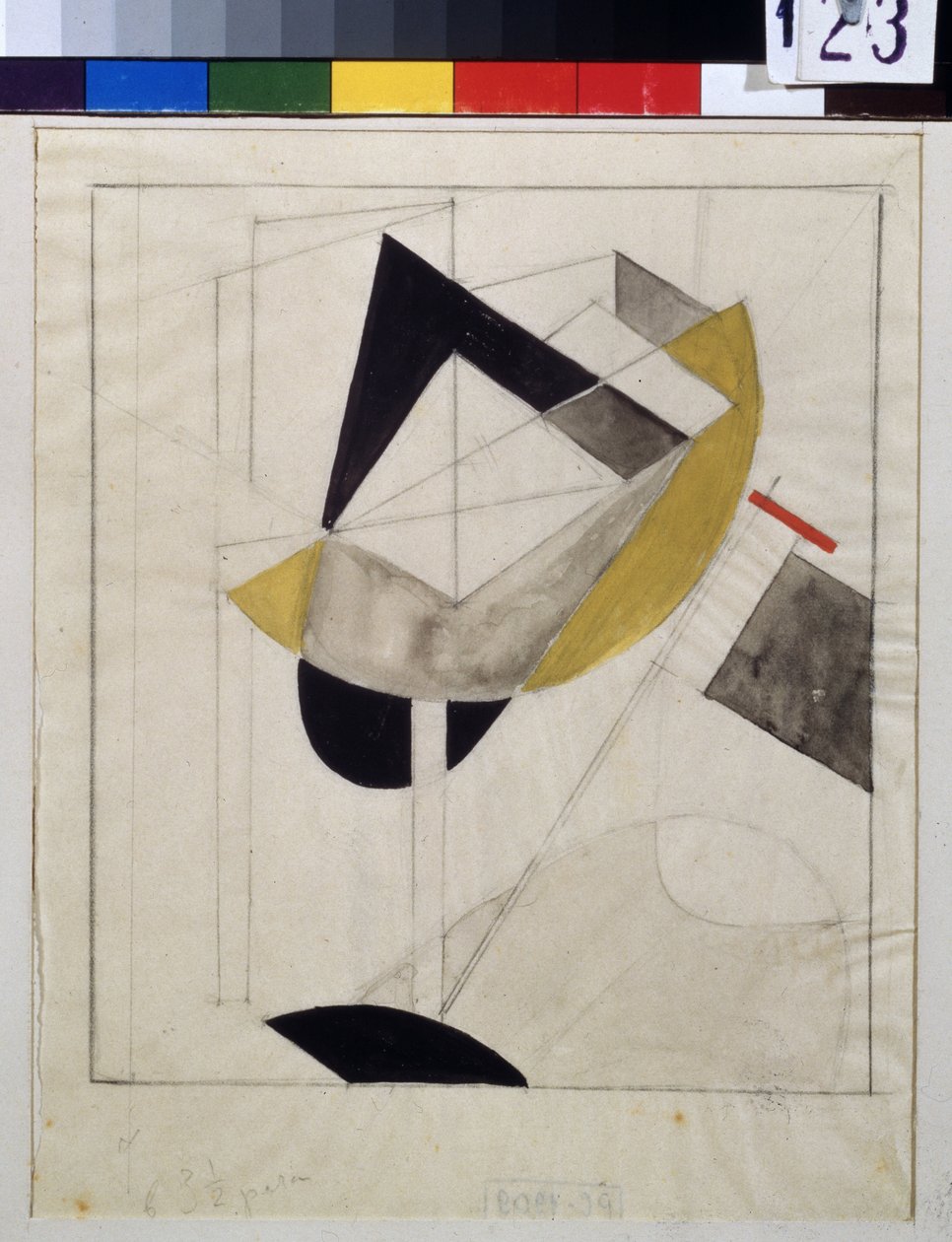 Proun 19 (Proun 19) - Lazar Lissitskij 的作品，又名 El Lissitskij (Lissitsky、Lissitski 或 Lissitzky)（1890-1941 年），纸上水粉和墨水，约 1920 年 - 俄罗斯前卫艺术，20 世纪早期，抽象艺术 - 莫斯科国立特列季亚科夫美术馆 作者 埃利泽马科维奇利西茨基