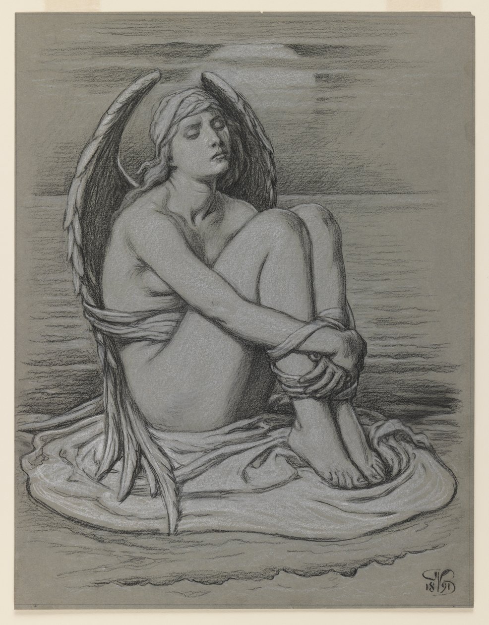 绑定天使，1891年（黑白粉笔或蜡纸在编织纸上） 作者 伊莱休·维德