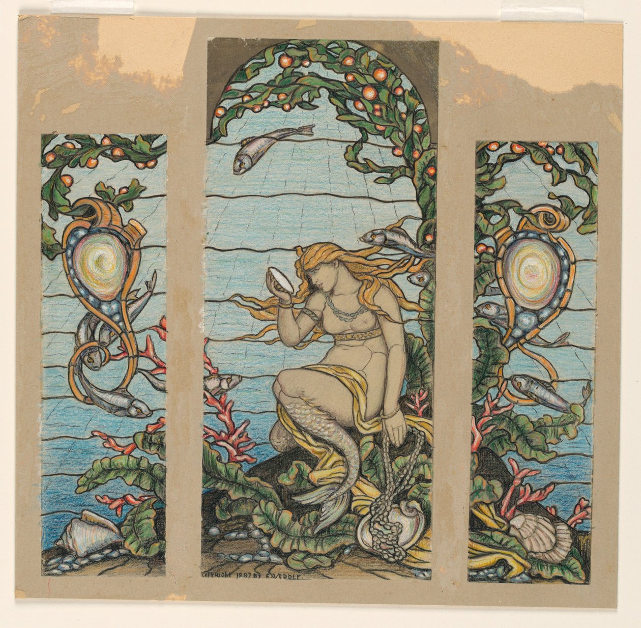 图纸，1882 年纽约州纽约市 A.H. Barney 住宅彩色玻璃窗 "美人鱼之窗 "设计图 作者 伊莱休·维德