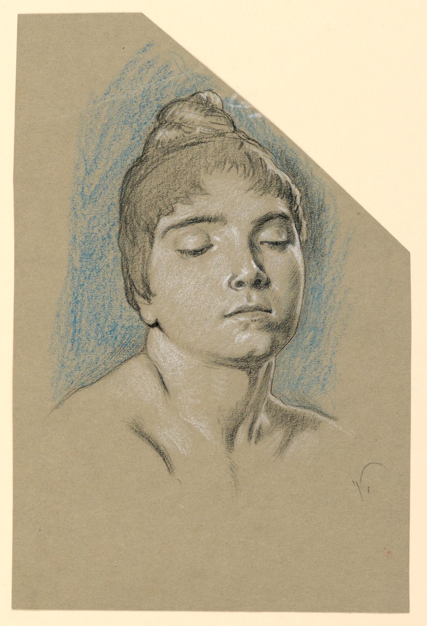 素描，闭眼年轻女子的肖像素描，约 1885 年 作者 伊莱休·维德