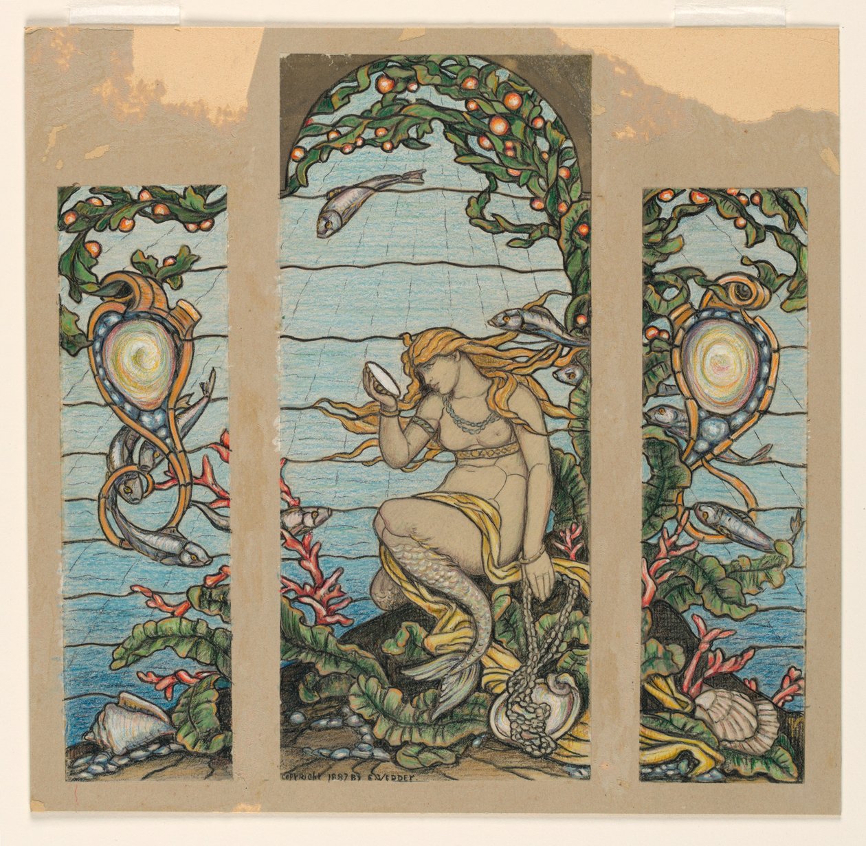 绘图，"美人鱼之窗"，A.H. Barney 住宅彩色玻璃窗设计，纽约州纽约市，1882 年 作者 伊莱休·维德