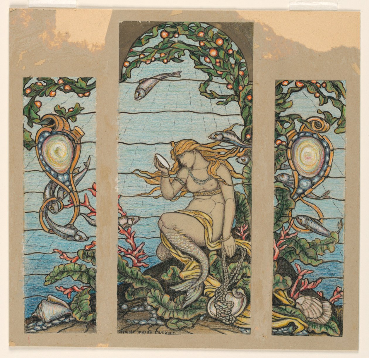 绘图，"美人鱼之窗"，A.H. Barney 住宅彩色玻璃窗设计，纽约州纽约市，1882 年 作者 伊莱休·维德