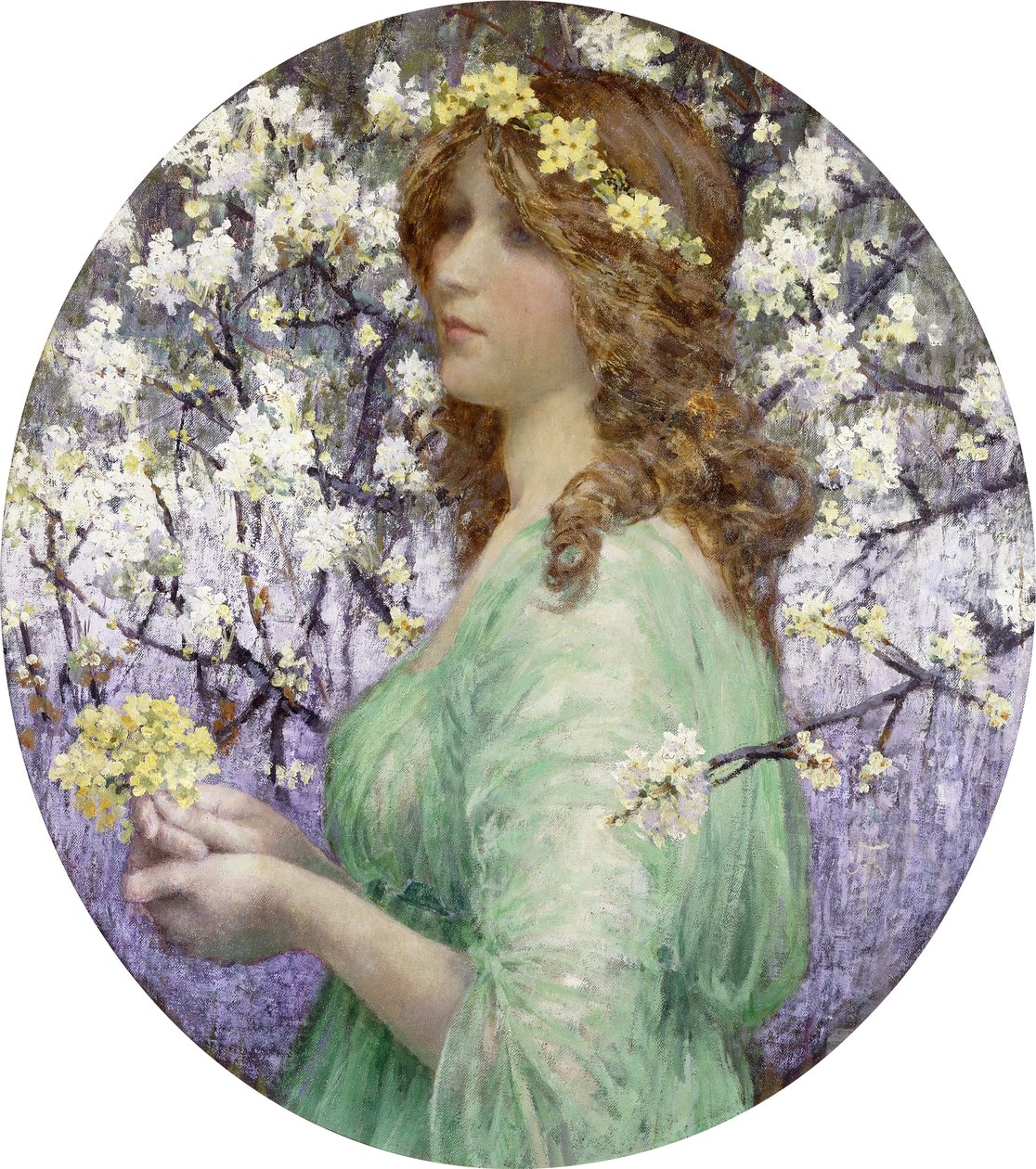 花丛中的少女（椭圆形布面油画，铺在木板上） 作者 伊丽莎白 (Elisabeth Sonrel)