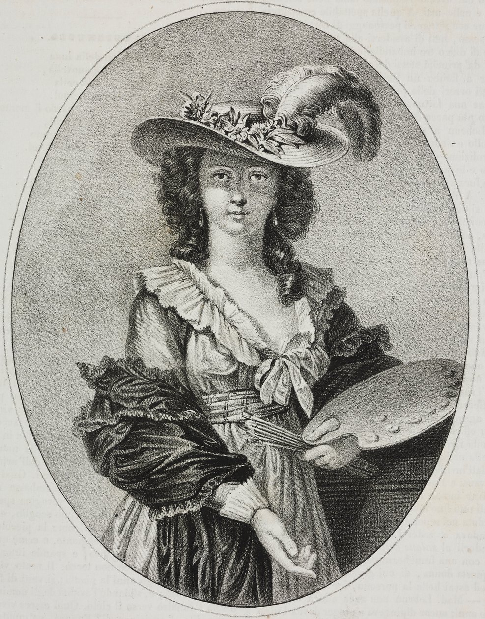 法国画家伊丽莎白-维吉-勒布伦（Elisabeth Vigee Le Brun）的调色板自画像，乔瓦尼-马里亚尼（Giovanni Mariani）的石版画，选自 Poliorama Pittoresco，第 42 期，5 月 28 日 作者 伊丽莎白·路易丝（后）维吉·勒布伦