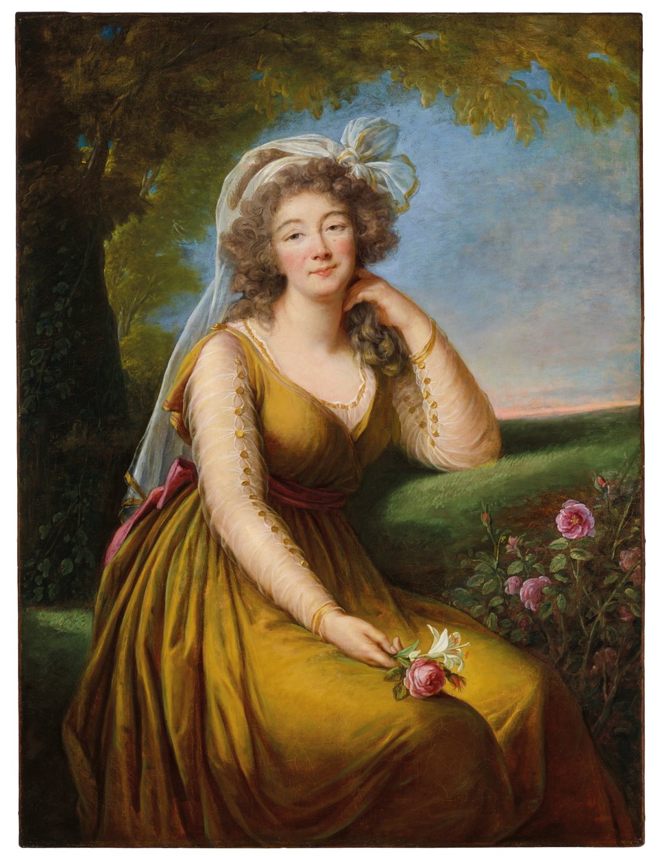 杜巴利夫人肖像（1743-1793 年），四分之三长，风景中的坐姿，约 1775-93 年（布面油画） 作者 伊丽莎白·路易丝·维吉-勒布伦