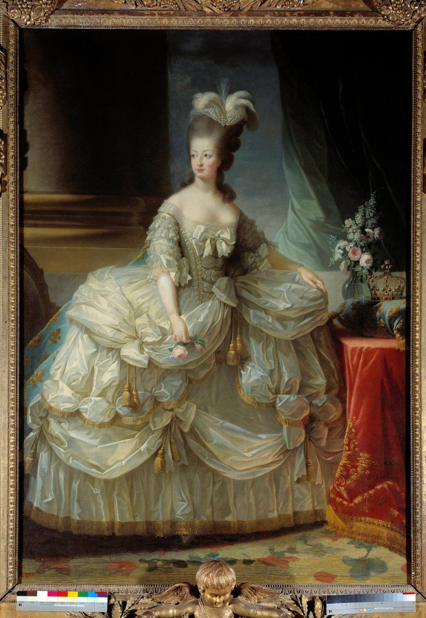 玛丽·安托瓦内特脚下的肖像，法国王后洛林·哈布斯堡 (Lorraine Habsburg)（1755-1793 年）身着大型宫廷西装，手捧玫瑰 玛丽·伊丽莎白·路易丝·维吉·勒布伦 (Marie Elisabeth Louise Vigee Lebrun)（或维吉勒布伦或维吉勒布伦）（1755-1842 年）18 世纪的画作 太阳。 2,23 x 1,58 m 作者 伊丽莎白·路易丝·维吉·勒布朗