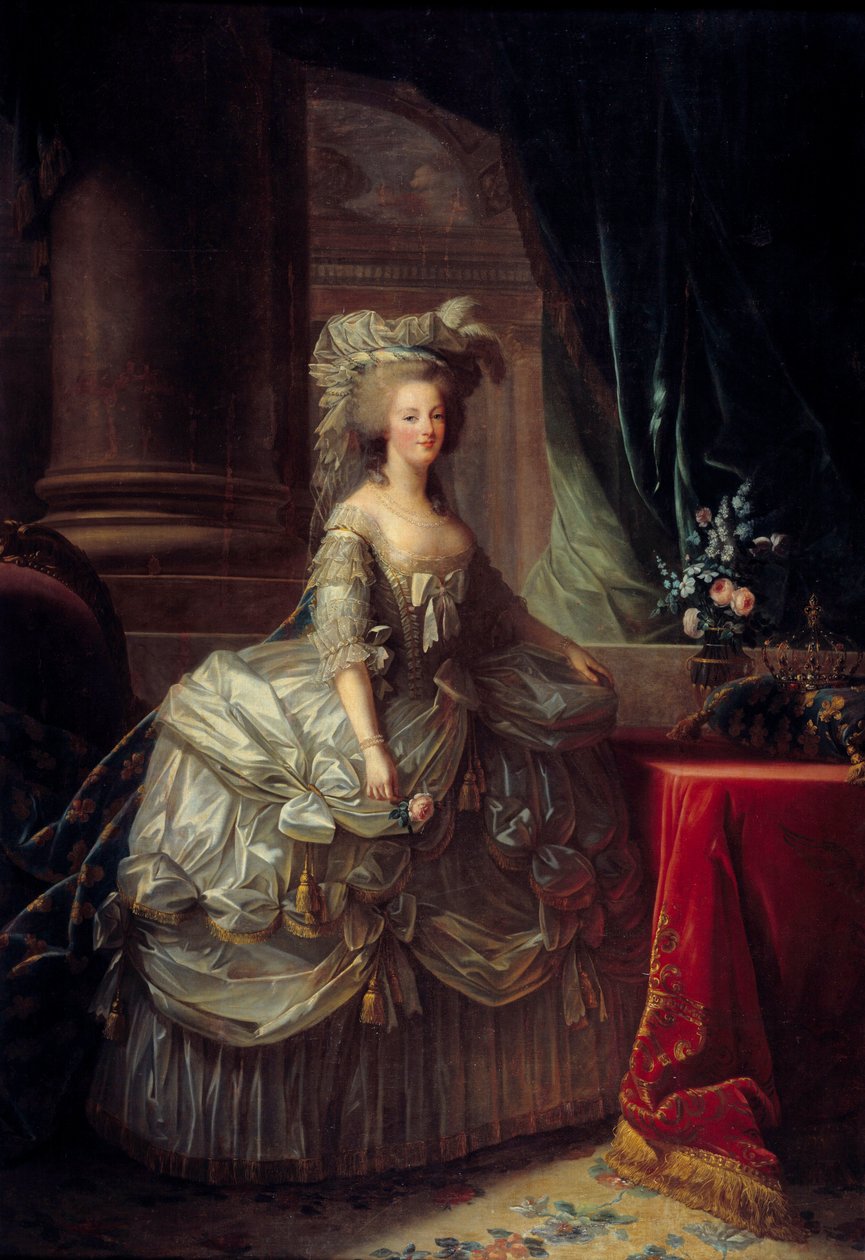 玛丽·安托瓦内特王后 (1755 - 1793) 的肖像。 Marie Elisabeth Louise Vigee Le brun（或 Vigee-Lebrun 或 Vigee Lebrun）（1755-1842 年）的绘画。 19 世纪。 布面油画。 暗：2.76 x 1.93m。 - 玛丽·安托瓦内特王后 (1755-1793) 的全长肖像。 作者 伊丽莎白·路易丝·维吉·勒布朗