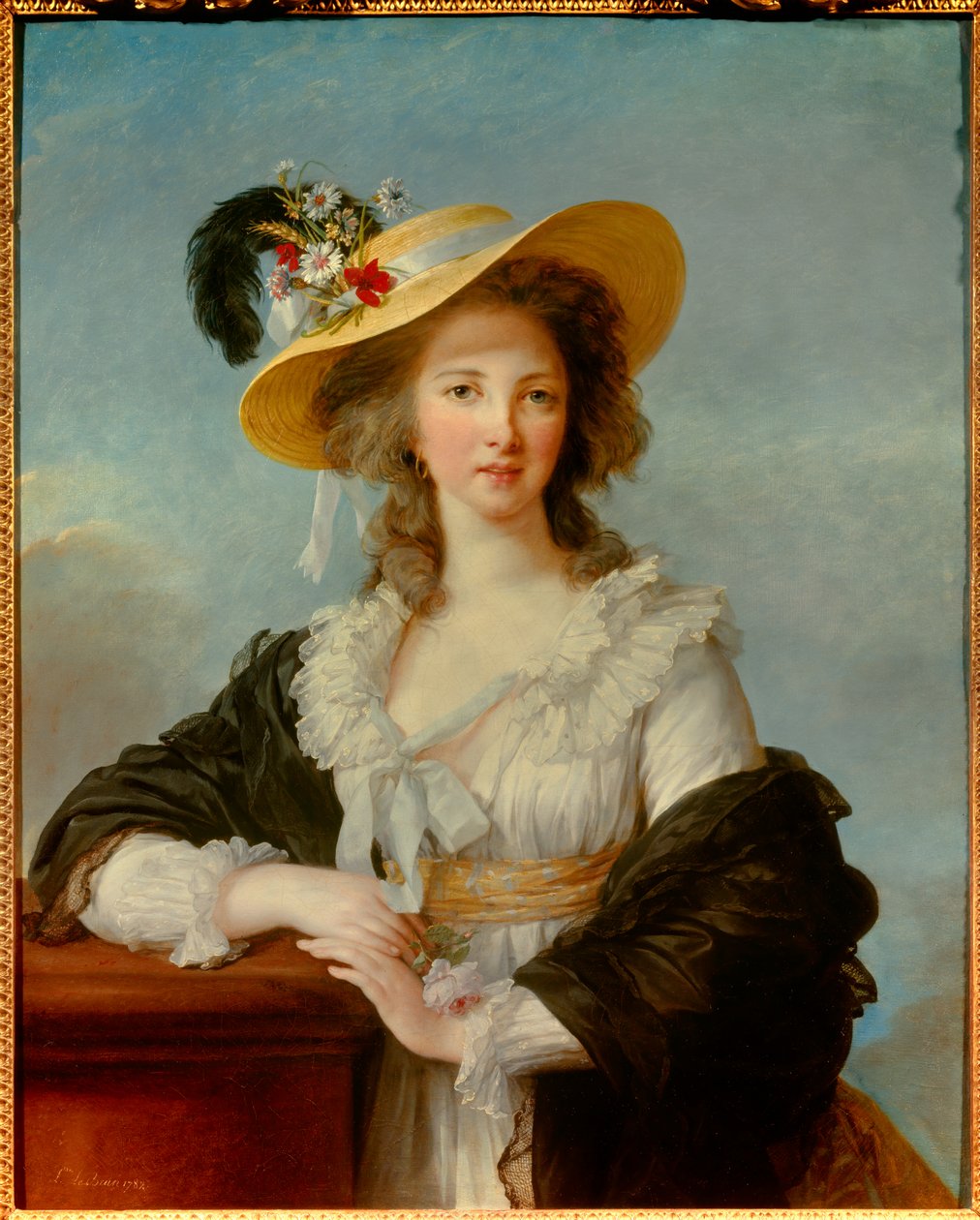 Yolande Gabrielle Martine de Polastron 的肖像，Polignac 公爵夫人（1749-1793）带着草帽绘画，Marie Elisabeth Louise Vigee Le brun（或 Vigee-Lebrun 或 Vigee Lebrun）（1755-1842）1782 年太阳。 0,92x0,73 m - 公爵夫人的肖像 - 肖像 作者 伊丽莎白·路易丝·维吉·勒布朗
