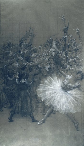 芭蕾舞演员和D. Pedro de Alcantara  - 里约热内卢市政剧院大悬垂转移动画片 作者 伊丽莎·维斯康蒂（Eliseu Visconti）