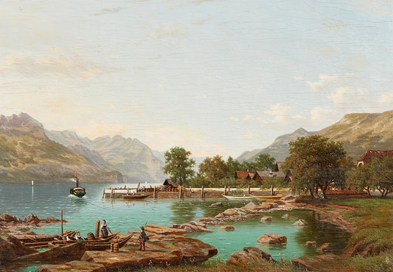 马焦雷湖畔的群山风景（布面油画） 作者 伊丽莎·阿格尼图斯·埃米利乌斯·尼霍夫