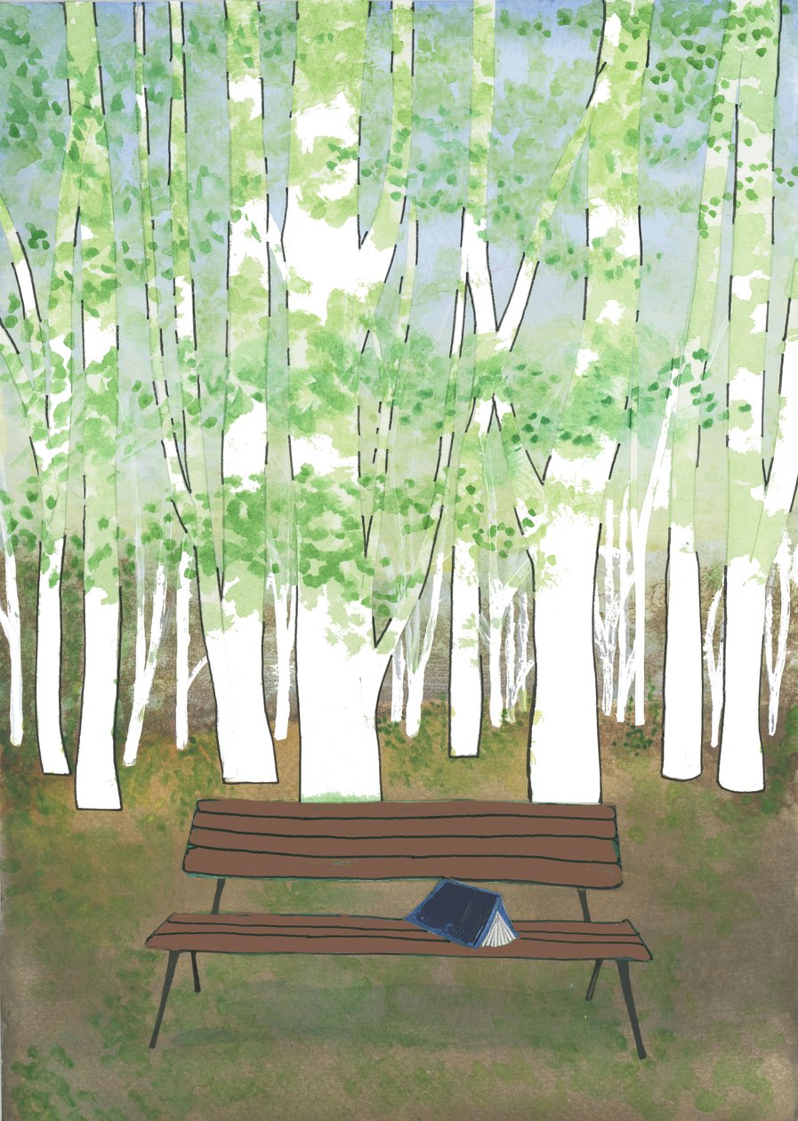 森林中的长椅，2017（水彩和拼贴画） 作者 伊丽莎白·里德