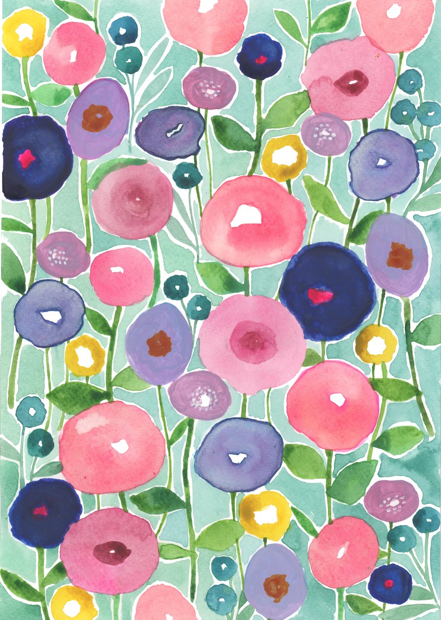 水色背景上盛开的罂粟花，2018 年（水彩画） 作者 伊丽莎白·里德