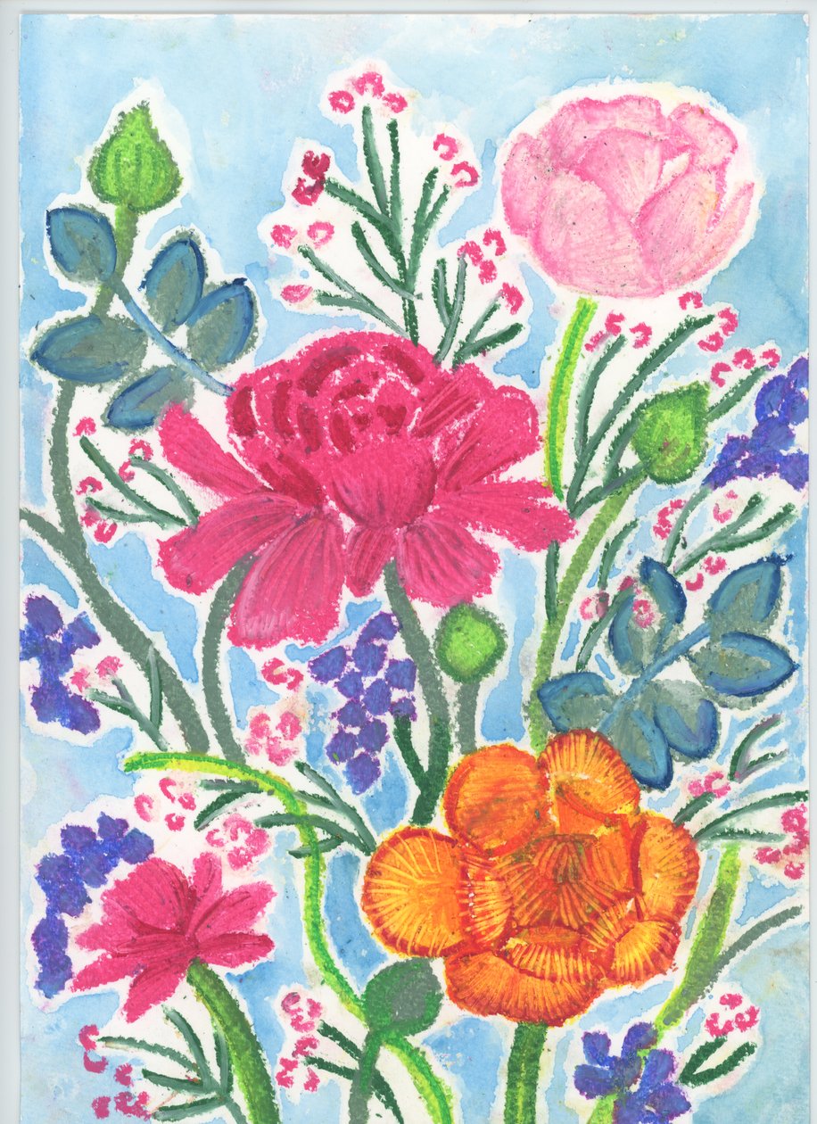 小牡丹花束，2018（油画棒） 作者 伊丽莎白·里德