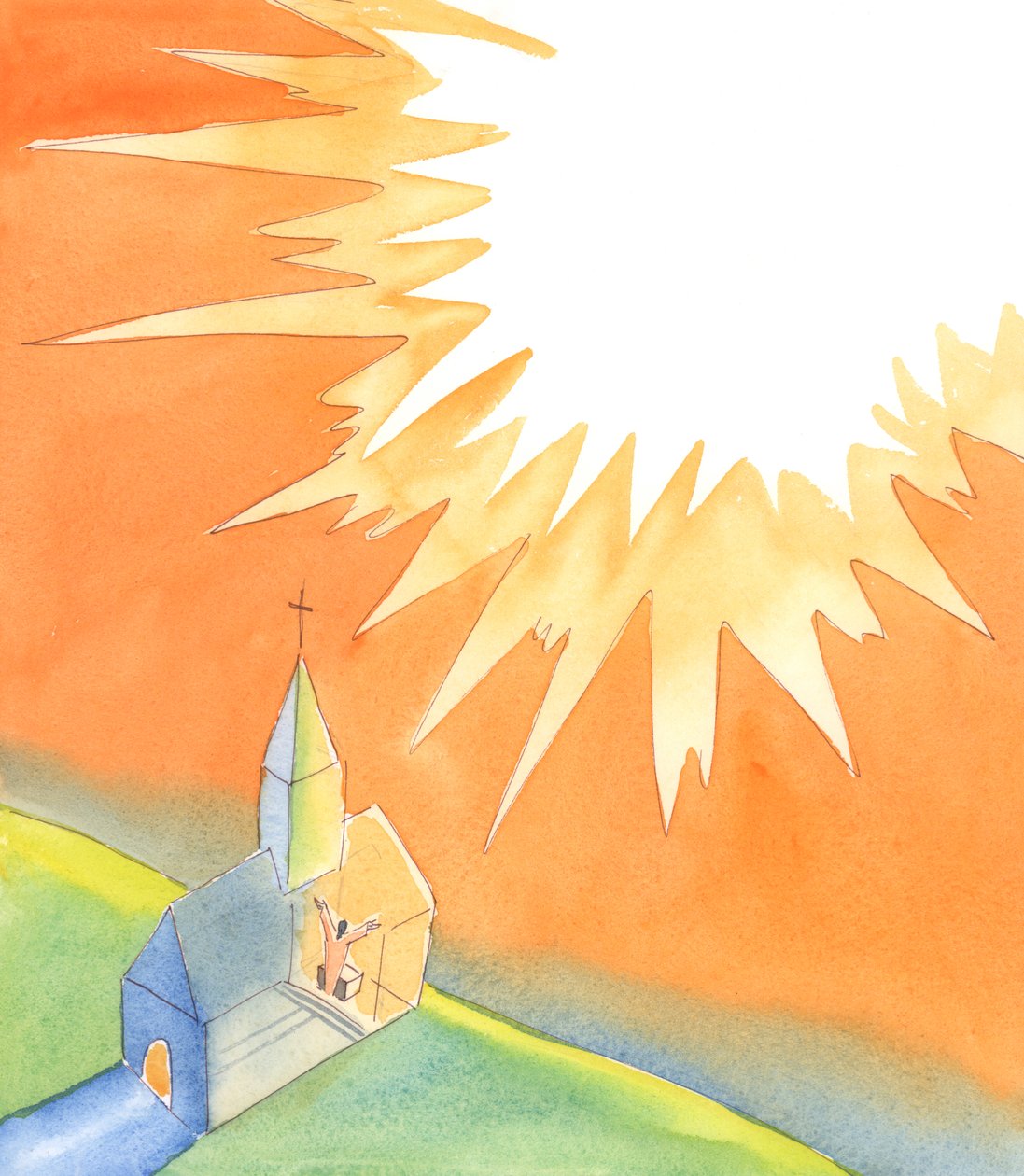 当我们聚集在教堂里做弥撒时，我们可以确信基督本人将与我们同在，在所有圣徒和天使的见证下，从我们的圣所向天父献上无愧的赞美，2005 年（纸面水彩画） 作者 伊丽莎白王