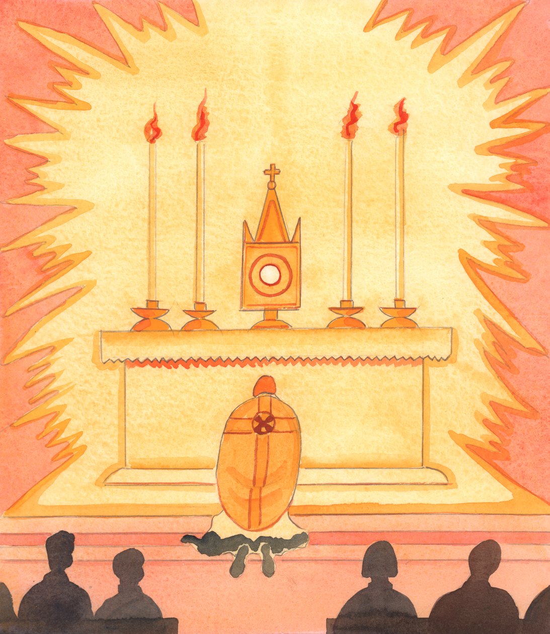 当我们参加传统的虔诚活动时，如敬拜圣体、祝祷或 "四十小时"，以及向圣母玛利亚致敬的各种虔诚活动，基督都会深受感动，并感到非常高兴，2005 年（纸面水彩画） 作者 伊丽莎白王