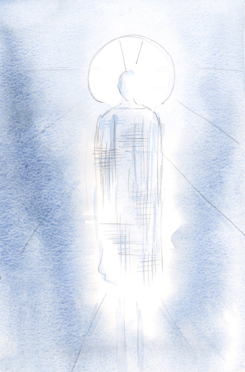 他威严地站在皇室长袍下，头被光包围着。，2001年（纸上w - c） 作者 伊丽莎白王