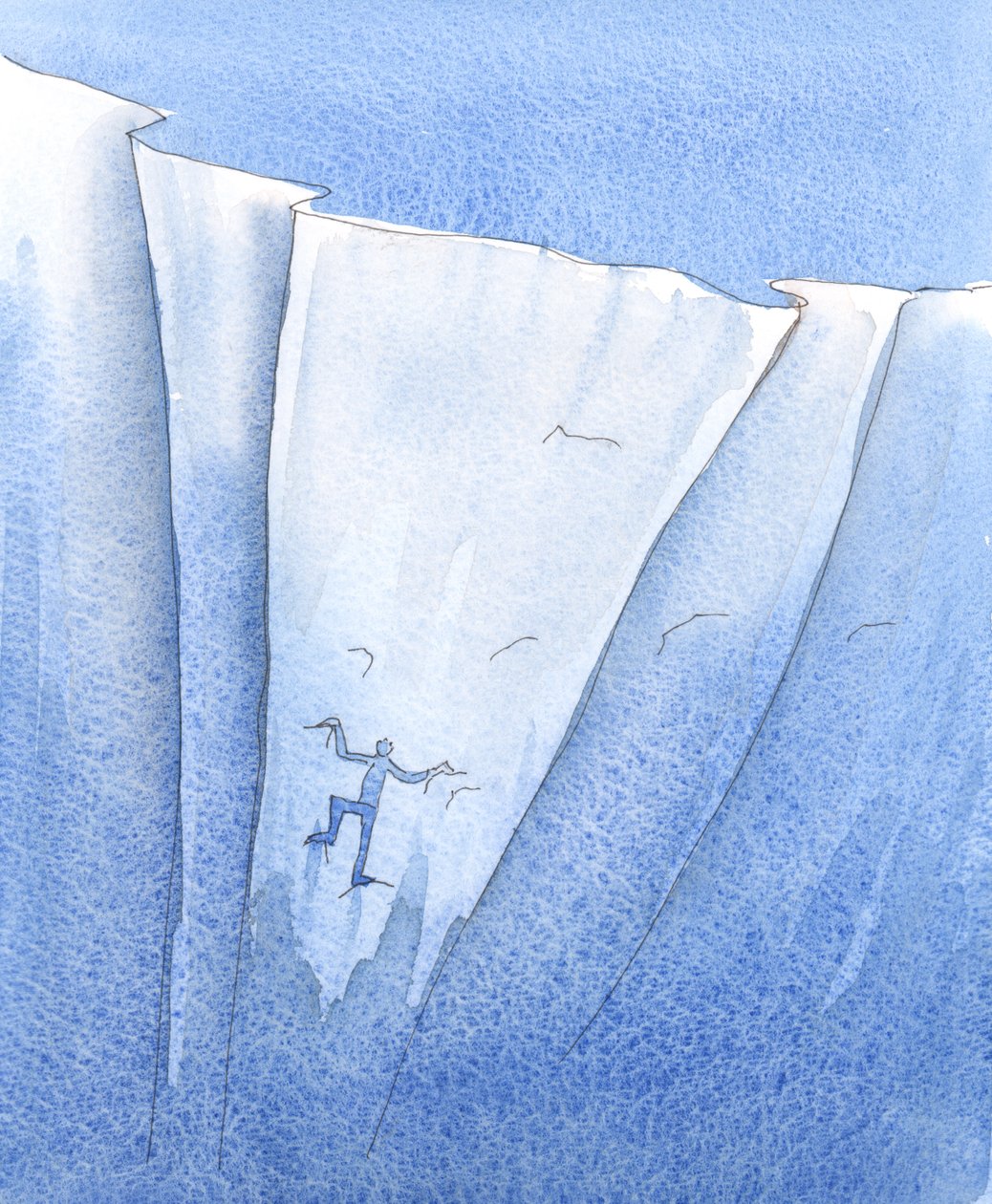 我看到一个人紧紧抓住深渊的墙壁，向着基督大声辱骂，但只要稍有剧烈运动，他就有掉入深渊的危险，2004 年（纸面水彩画） 作者 伊丽莎白王