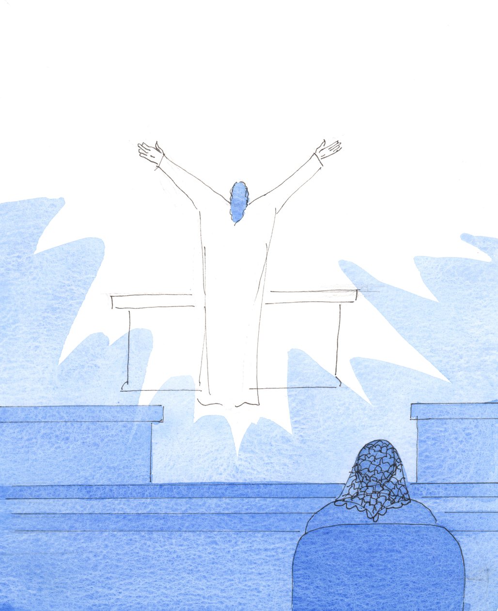 在我小儿子的生日那天，我看到基督站在祭坛上，他伸开双臂祈祷，为所有相爱的配偶赞美天父，2005 年（纸面水彩画） 作者 伊丽莎白王