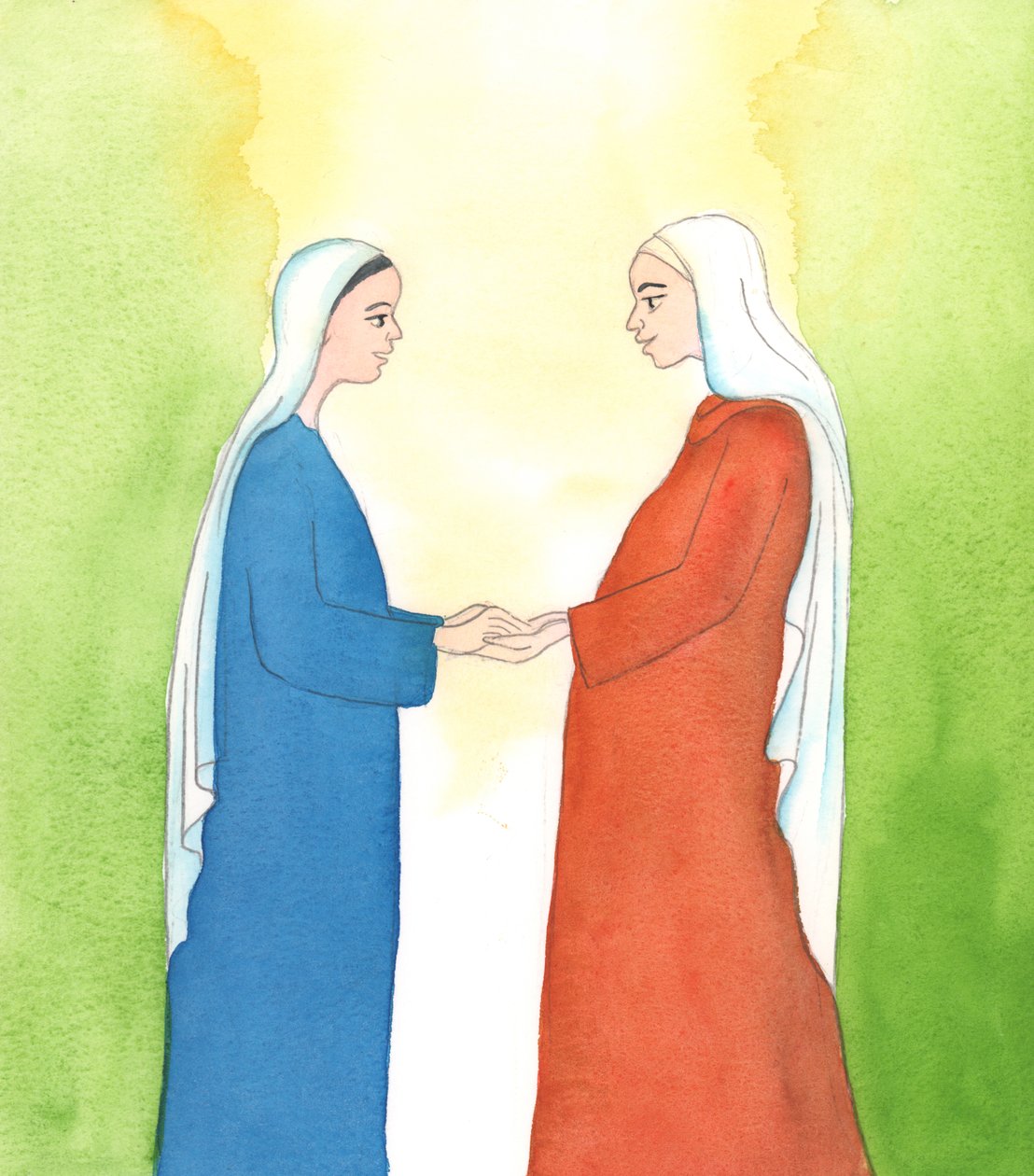 圣母玛利亚和圣伊丽莎白都践行了这一美德；但如今服从的美德已不受重视，2005 年（纸面水彩画） 作者 伊丽莎白王