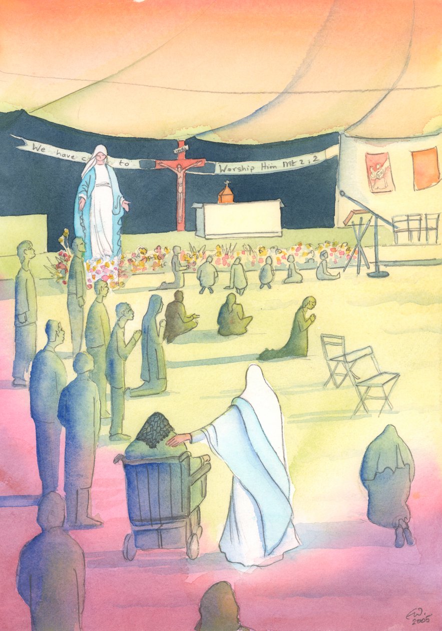我们敬拜神并尊敬她的过程中，圣母同伴与我们同在，2004年（纸上带水） 作者 伊丽莎白王