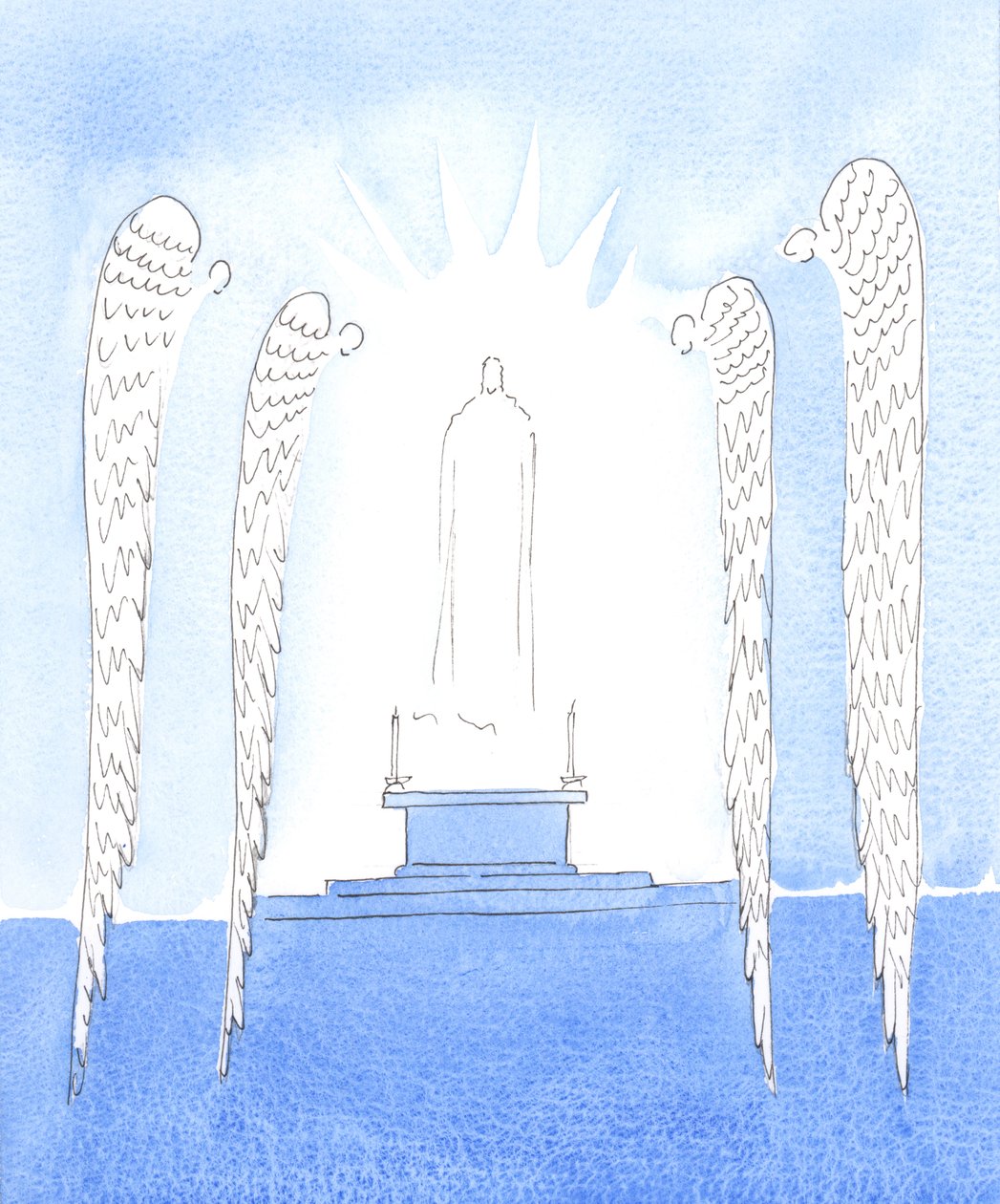 当基督在祝圣仪式上呈现在我们面前时，神圣的天使们敬畏地看着祂以这种令人震惊的方式来到我们中间，向我们表达爱意，2005 年（纸面水彩画） 作者 伊丽莎白王