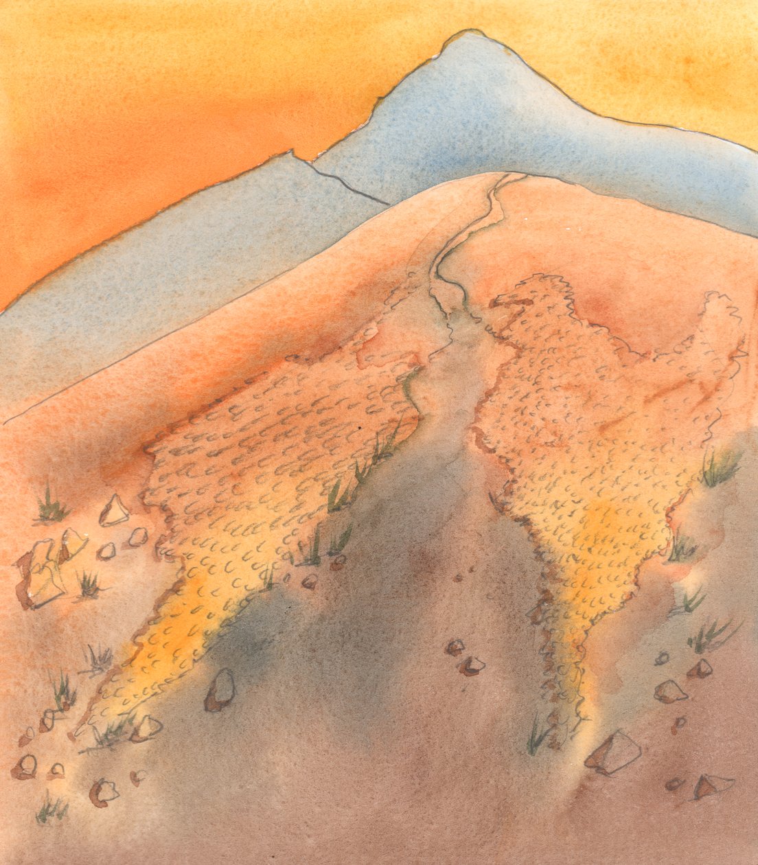 当人们想做好人，但还没有下定决心或采取坚定的原则时，他们就像在山上攀登的人，而山上有大片松散的页岩--小石头，2005 年（纸上水彩画） 作者 伊丽莎白王