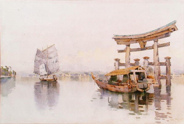 日本宫岛严岛神社入口处的鸟居（纸上水彩画） 作者 艾拉·杜甘蔗