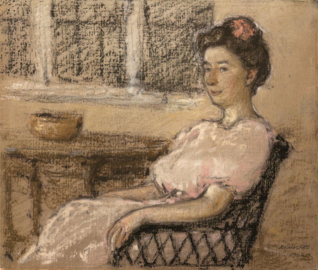 粉红色的坐着的女人，1902年。 作者 埃尔默·利文斯顿·麦克雷