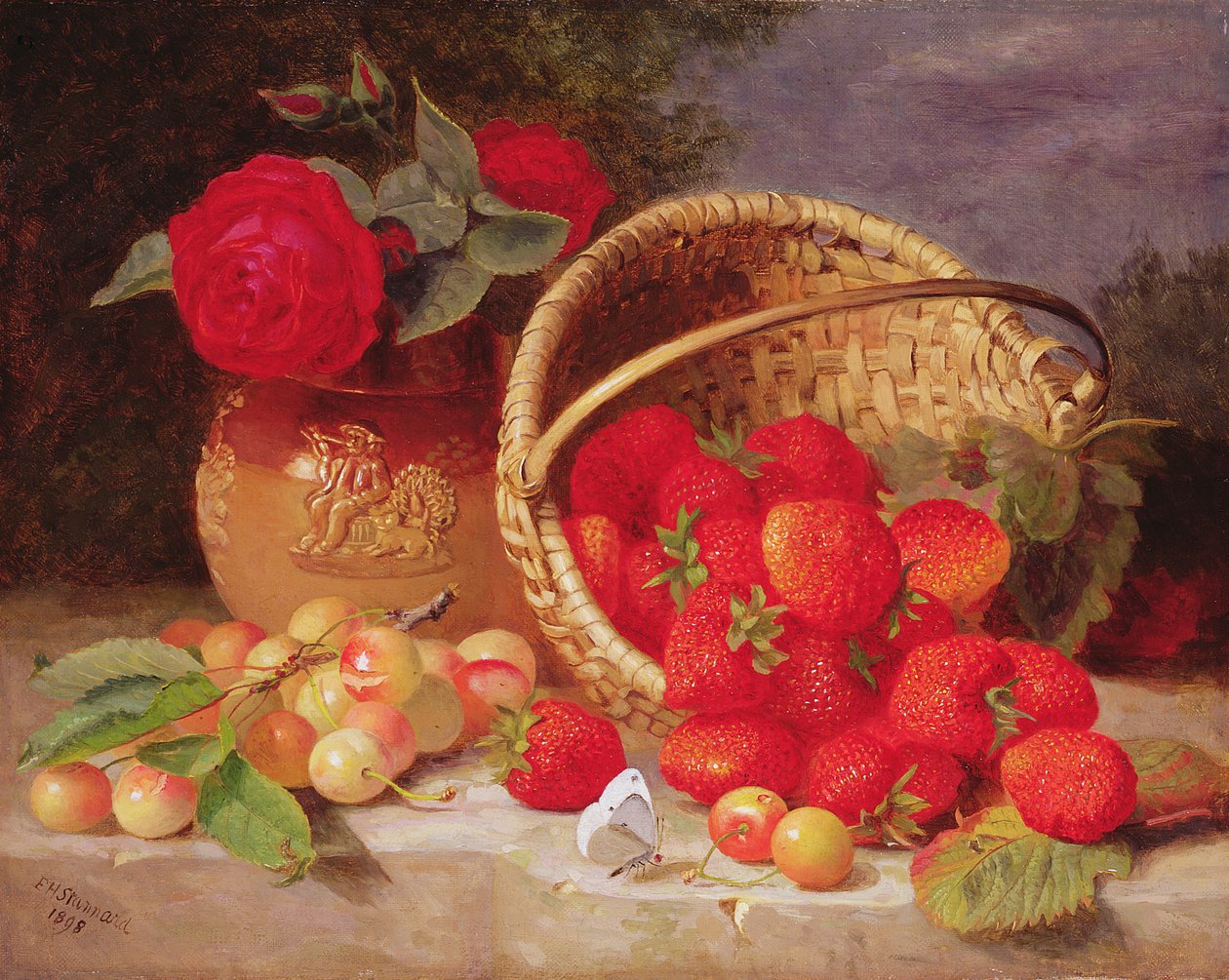 篮子静物画用草莓和樱桃，1898年 作者 埃洛伊斯·哈丽特·斯坦纳德