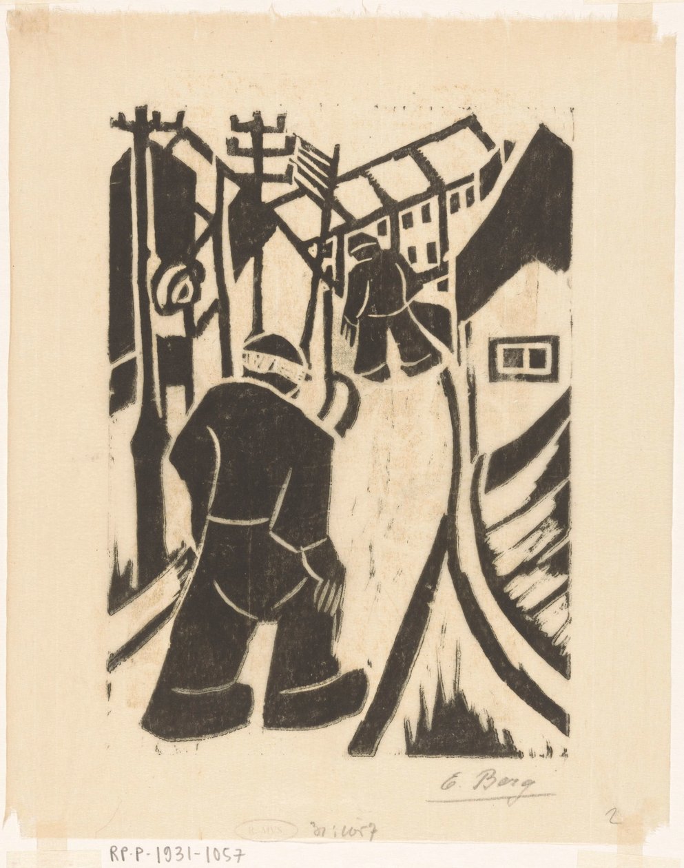 乡村街道上的两个人物 作者 Else Berg（艺术家签名）