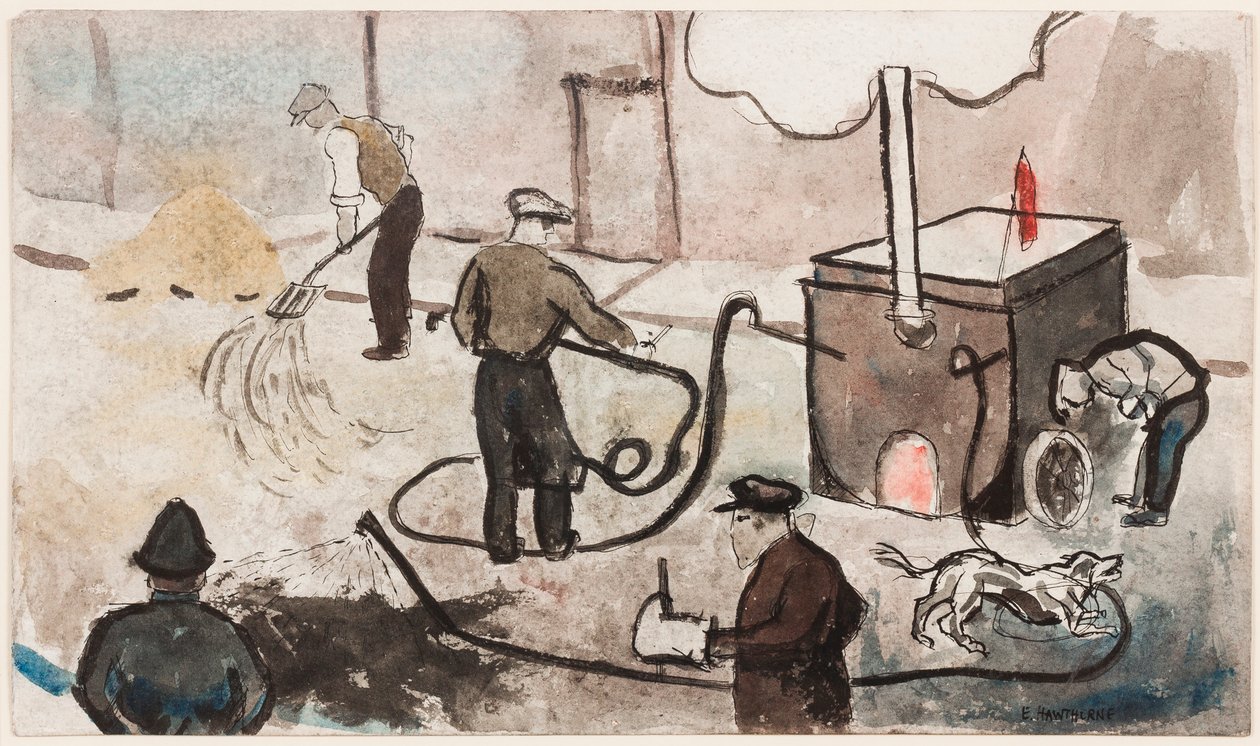 伦敦：东区街道作品，约 1935 年（纸面水墨画） 作者 埃尔文霍桑