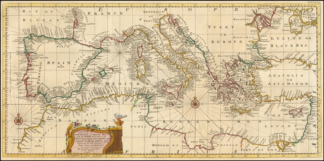 1748 年地图 - 准确的地中海和亚得里亚海海图；以及群岛和黑海的一部分 作者 伊曼纽尔·鲍恩（Emanuel Bowen）