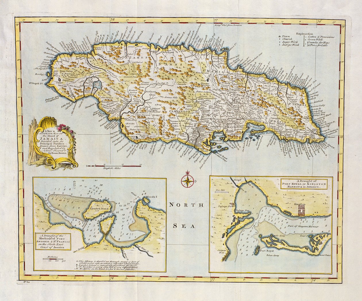 牙买加岛地图，按主要教区划分，约 1760 年（手绘版画） 作者 伊曼纽尔·鲍恩（Emanuel Bowen）