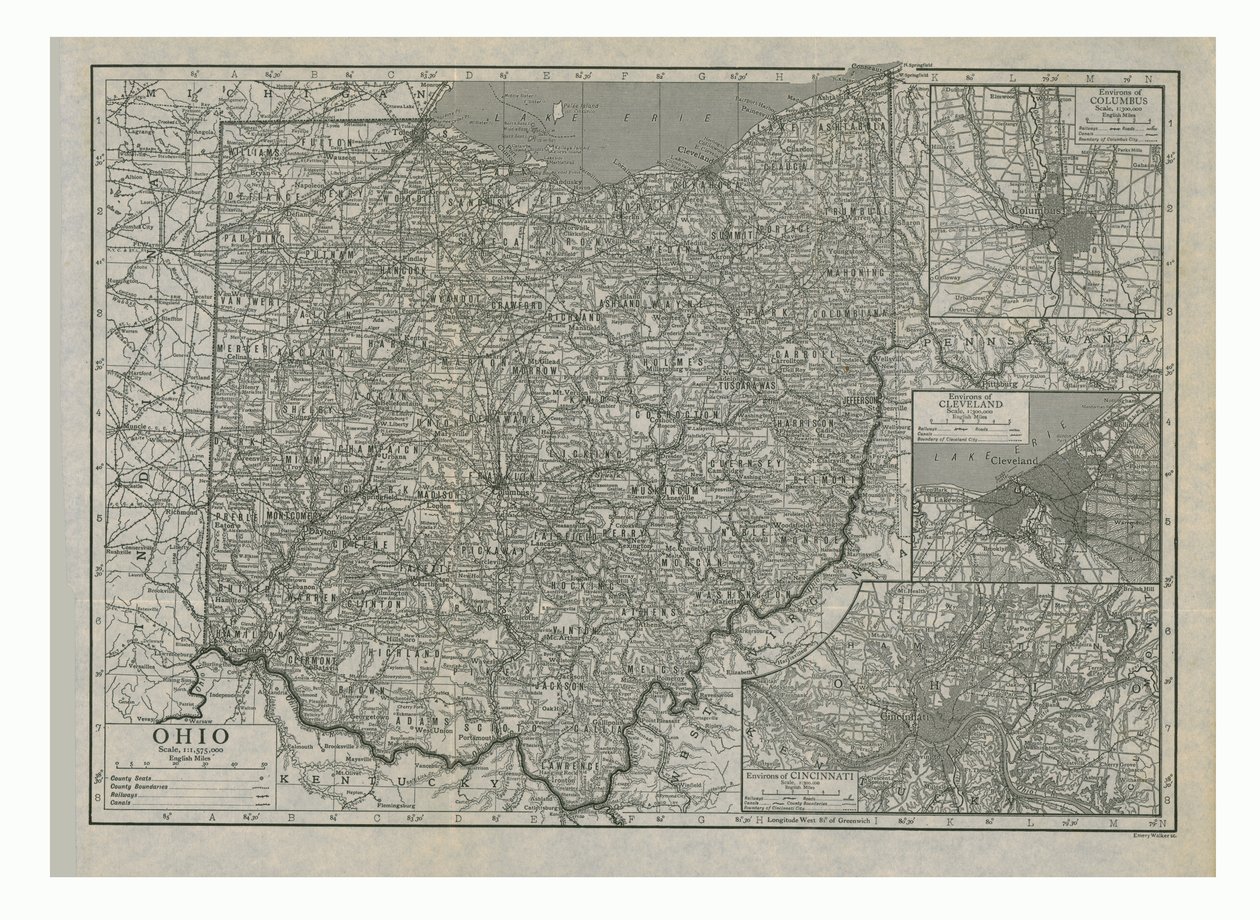 美国俄亥俄州地图，c1910年代。 作者 埃默里·沃克