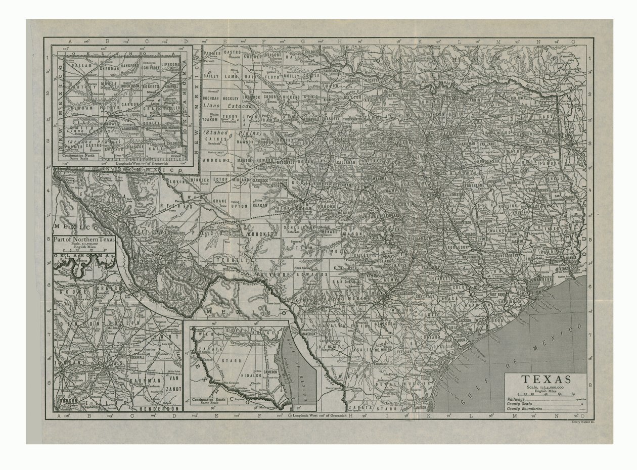 美国德克萨斯州c1910年代地图。 作者 埃默里·沃克