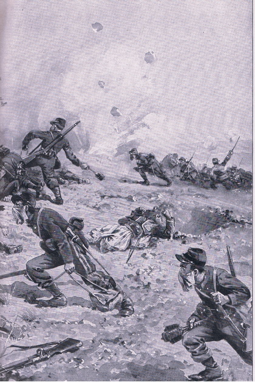法国手榴弹袭击 Les Spanges，来自 The Illustrated History of the World War 1914-1915 酒吧。 by Union Berlagsefellfchaft 作者 埃米尔（后）里默