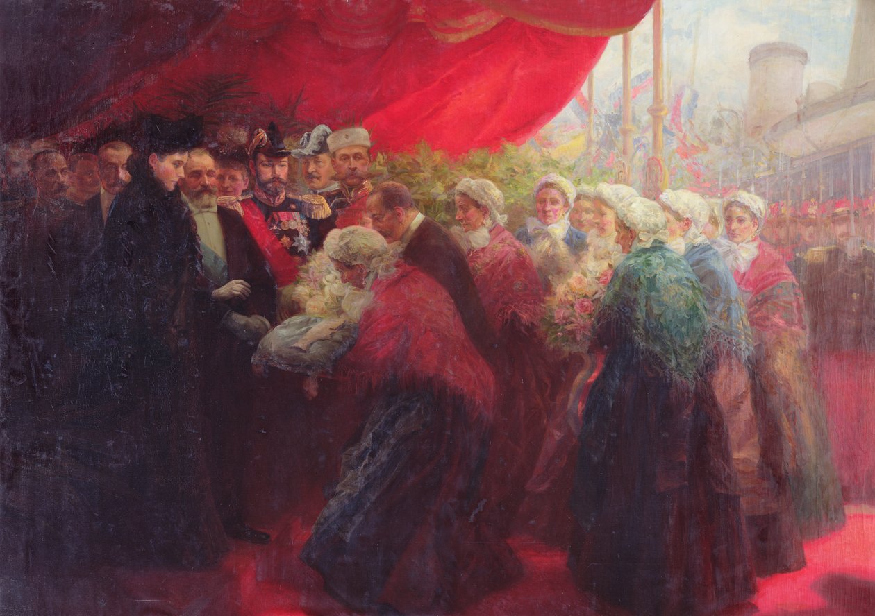 Bazennes于1901年在敦刻尔克向俄罗斯皇后黑森（Hixse-Darmstadt）的Alix提供银鱼 作者 埃米尔·本尼迪科夫（Emil Benediktoff Hirschfeld）