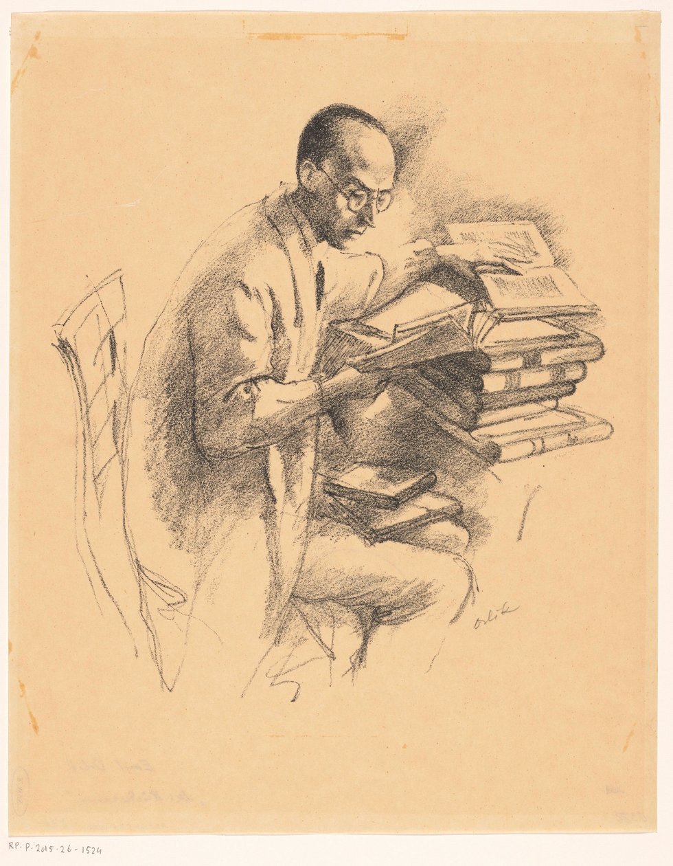 书桌后的男人 作者 Emil Orlik（艺术家签名）