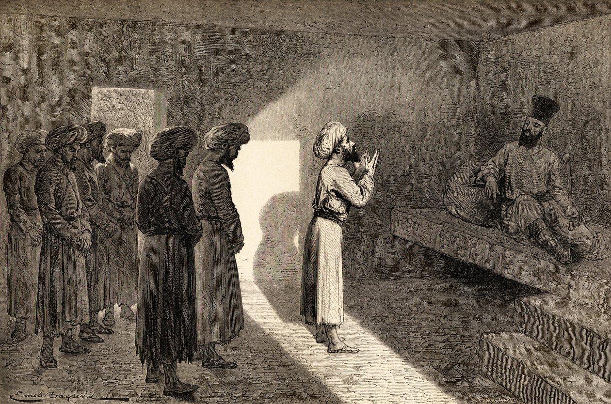 Arminio Vambery于1863年在中国乌兹别克斯坦的希瓦汗上接待了观众，他的插图来自“手中的世界”，由Stephane Pannemaker雕刻（1847年） 作者 埃米尔·安托万·贝亚德