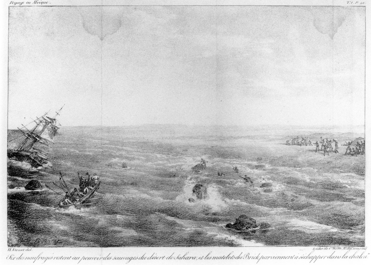 “索菲”号落在撒哈拉沙漠海岸上，1819年5月30日在非洲西海岸失去了“沉没的法国双桅船”，由查尔斯·切切莱特，由莫特雕刻，公共 作者 埃米尔·让·霍勒斯·韦尔内