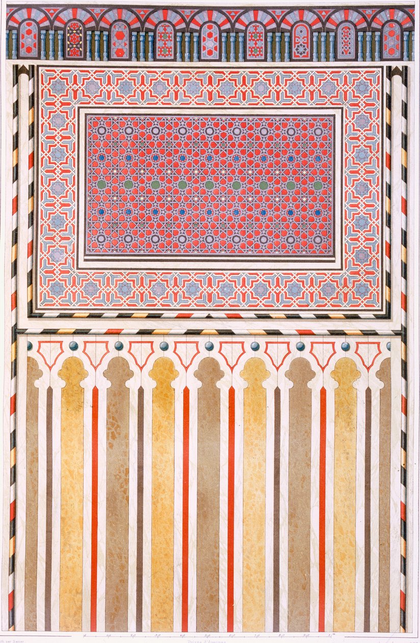 开罗：El Bordeyny清真寺的装饰：Mihrab，19世纪（chromolitho）马赛克的几何图案 作者 埃米尔·普里斯·达文