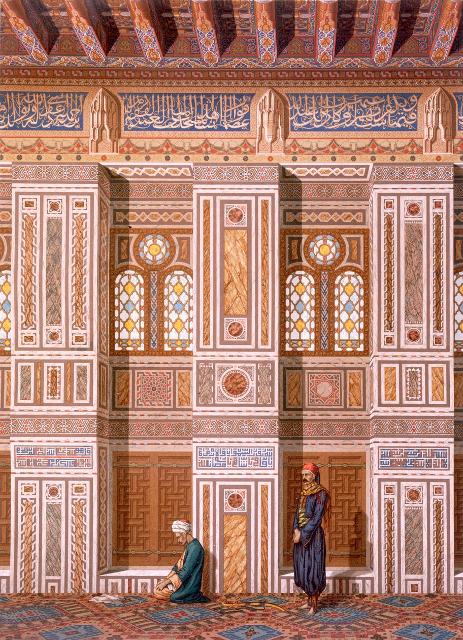 开罗：Qaitbay清真寺的内部;崇拜者在19世纪米哈拉布的侧墙祈祷（chromolitho） 作者 埃米尔·普里斯·达文