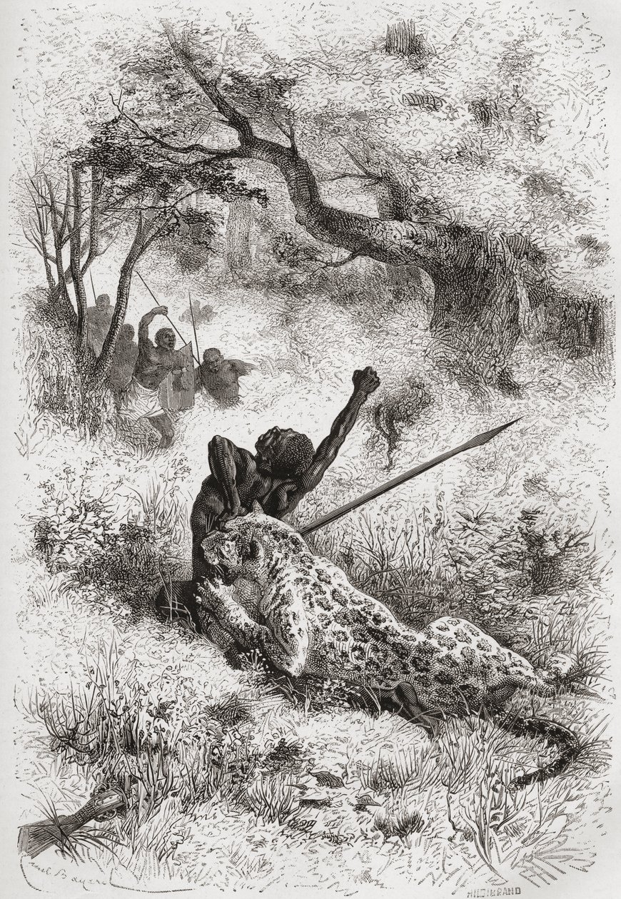 豹子袭击非洲人，插图来自“手中的世界”，由Henri Theophile Hildibrand（1824-97）刻，1878年出版 作者 埃米尔·安托万·贝亚德